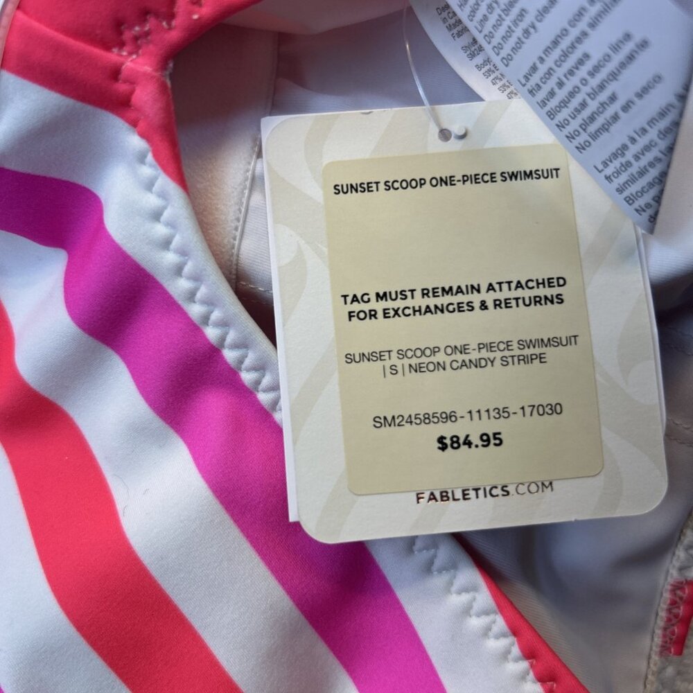 Fabletics Scoop Back One Piece Swimsuit SZ S Neon Candy Stripe NEW w/Tags - Picture 4 of 8